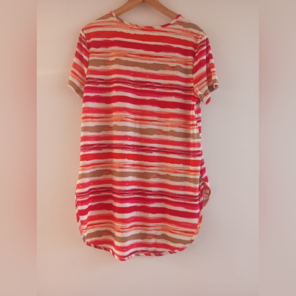 Cato Women's Size Large Vibrant Striped V-Neck Tunic Top - Pink, Orange, & Tan - Picture 2 of 7